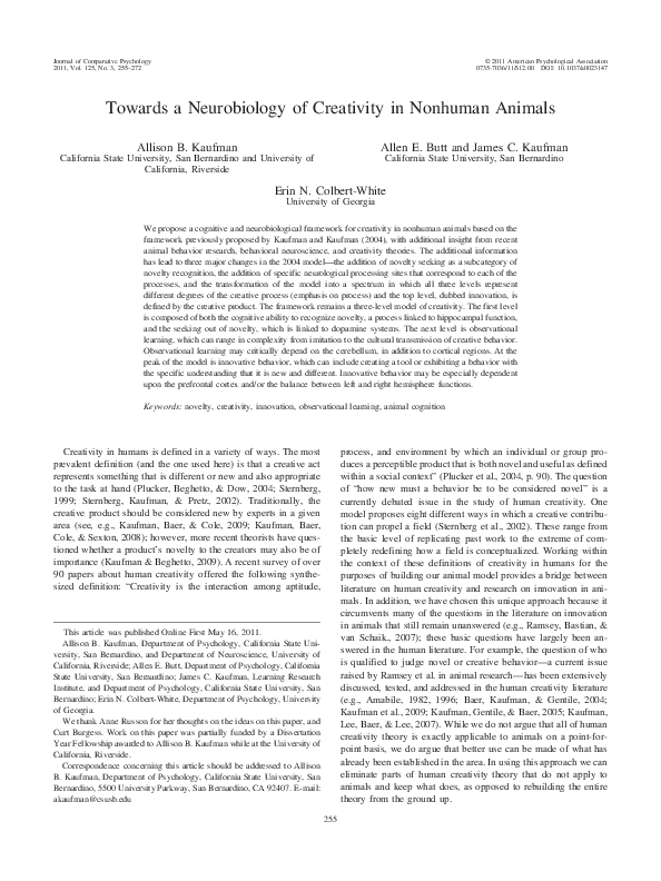 (PDF) Towards a neurobiology of creativity in nonhuman animals