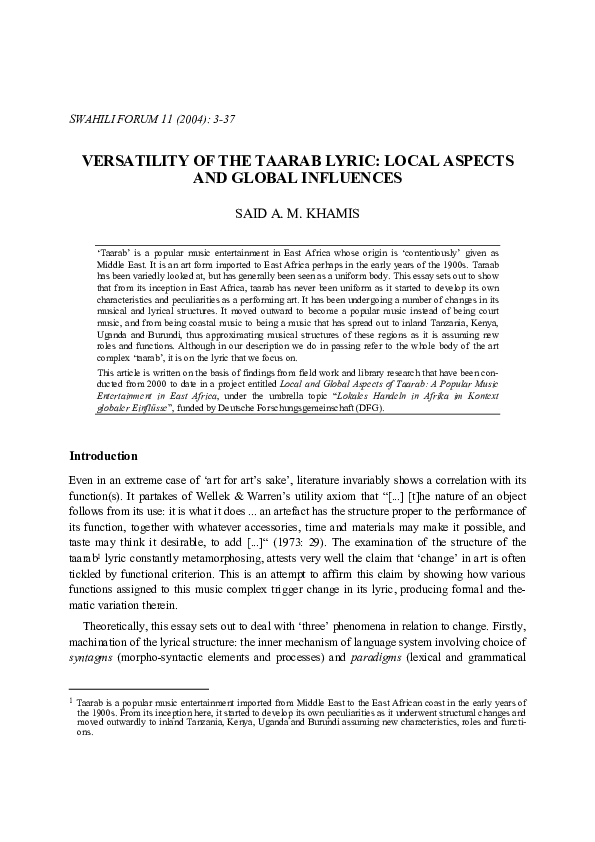Pdf Versatility Of The I Taarab I Lyric Local Aspects And Global Influences Said Khamis Academia Edu