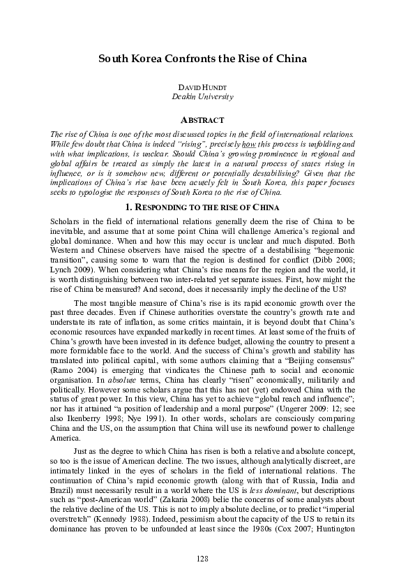 (PDF) South Korea confronts the rise of China