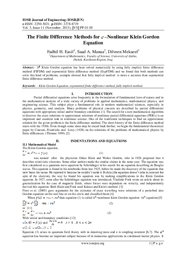 (PDF) The Finite Difference Methods for –Nonlinear Klein Gordon Equation