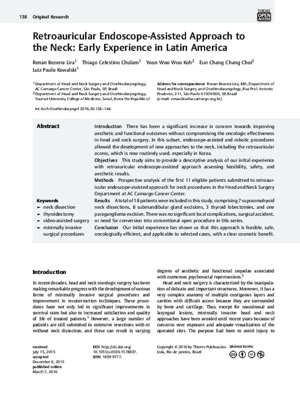 (PDF) Retroauricular Endoscope-Assisted Approach to the Neck: Early ...