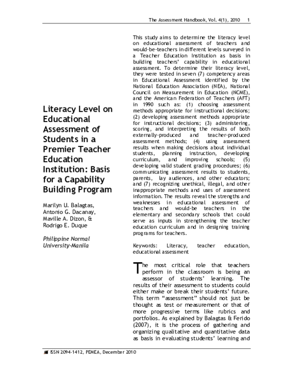 (PDF) Assessment Literacy of Pre Service and In Service Teachers