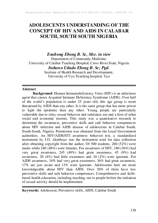 (PDF) Adolescents Understanding of the Concept of Hiv and Aids in ...