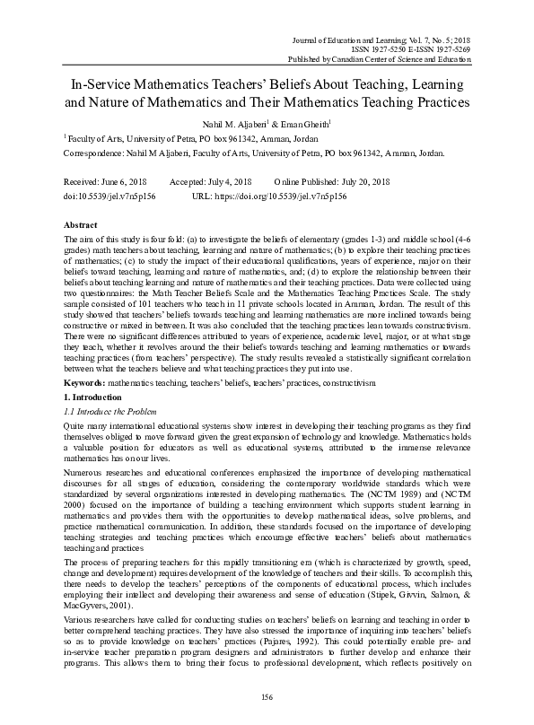 (PDF) In-Service Mathematics Teachers’ Beliefs About Teaching, Learning ...