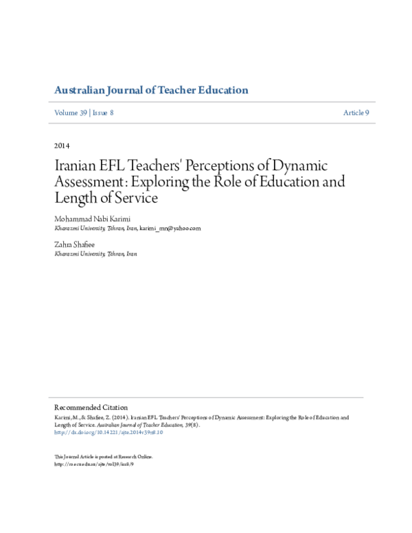 (PDF) Iranian EFL Teachers' Perceptions of Dynamic Assessment ...
