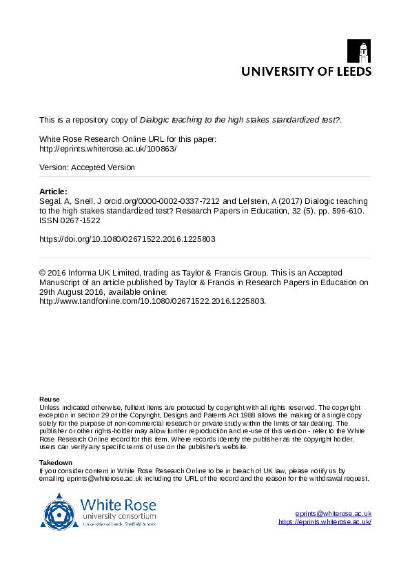 Pdf Dialogic Teaching To The High Stakes Standardised Test Aliza Segal Academia Edu