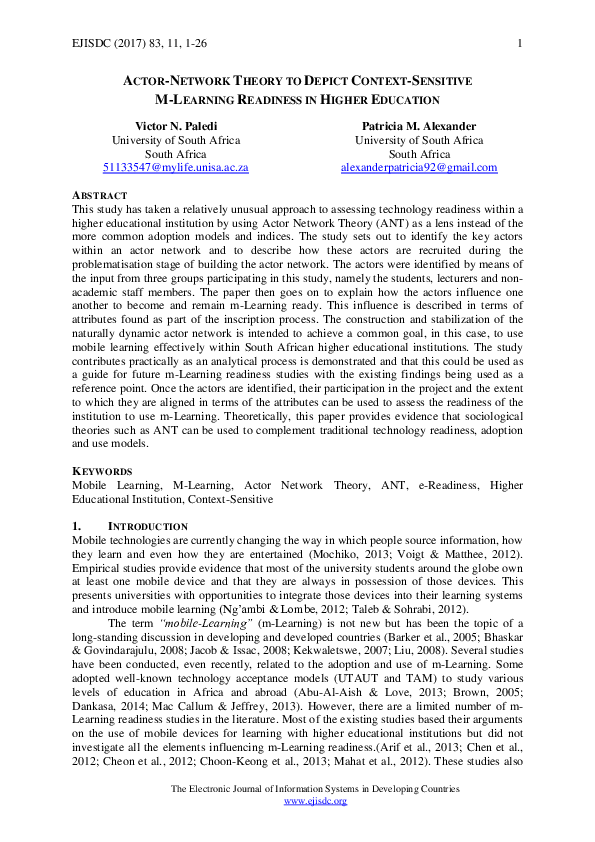 (PDF) Actor-Network Theory to Depict Context-Sensitive M-Learning ...
