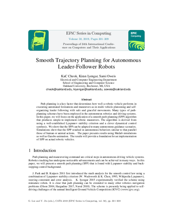 (PDF) Smooth Trajectory Planning for Autonomous Leader-Follower Robots