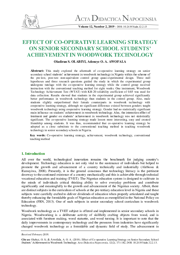 (PDF) Effect of Co-operative Learning Strategy on Senior Secondary ...