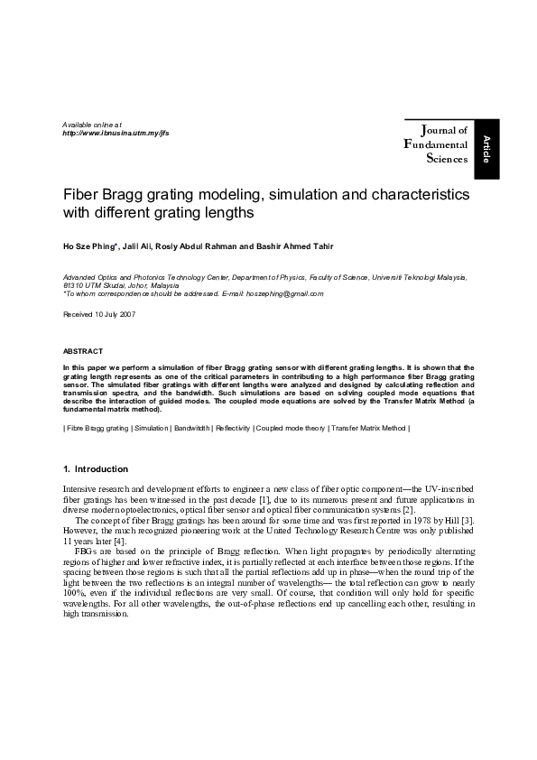 (PDF) Fiber Bragg grating modeling, simulation and characteristics