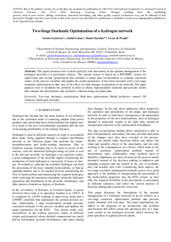 (PDF) Two-Stage Stochastic Optimization of a hydrogen network