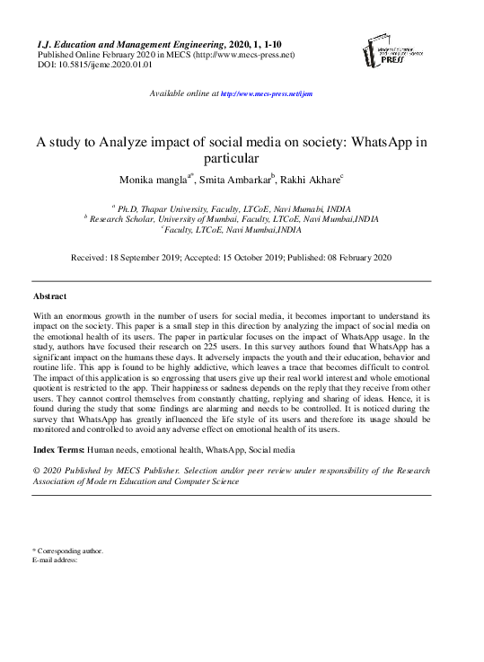 (PDF) A study to Analyze impact of social media on society: WhatsApp in ...