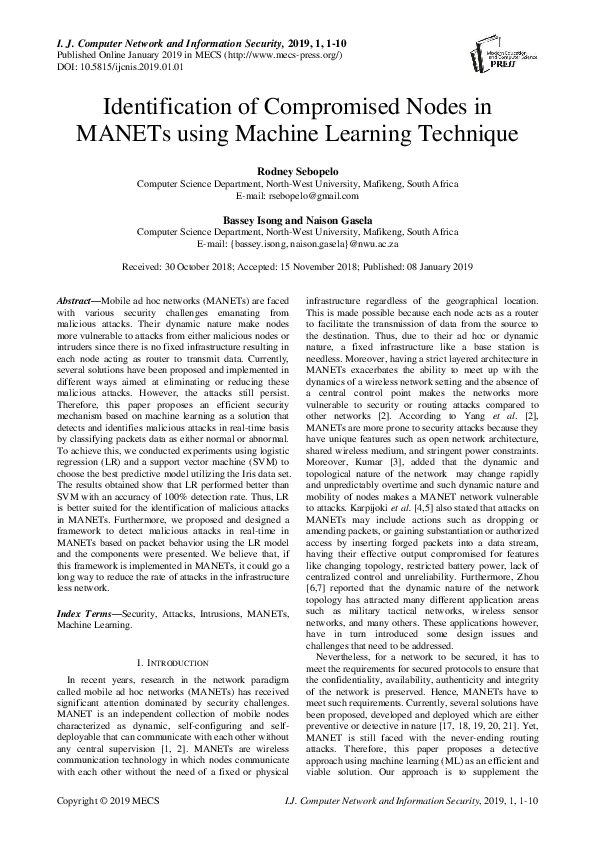 (PDF) Identification of Compromised Nodes in MANETs using Machine ...