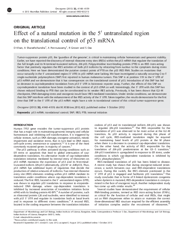 (PDF) Effect of a natural mutation in the 5′ untranslated region on the ...