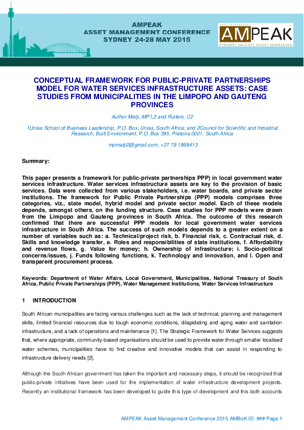 (PDF) Conceptual Framework for Public-Private Partnerships Model for ...