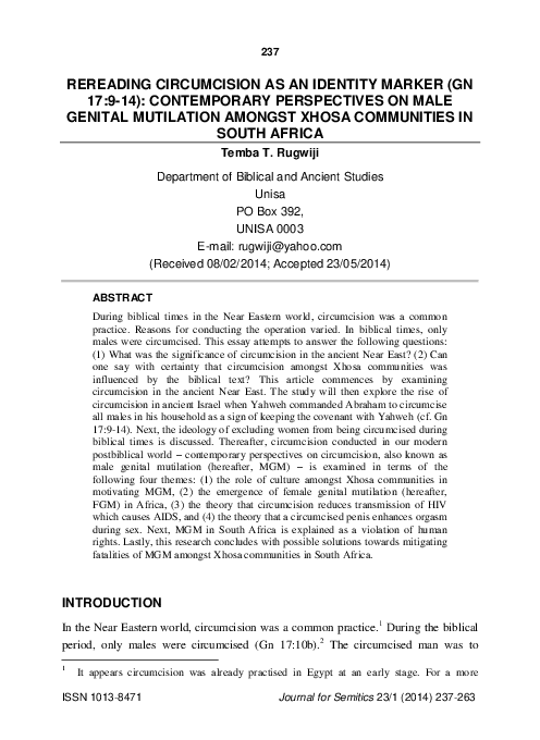 (PDF) Rereading Circumcision as an Identity Marker (GN 17:9-14 ...