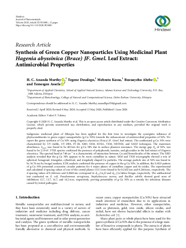 (PDF) Synthesis of Green Copper Nanoparticles Using Medicinal Plant ...