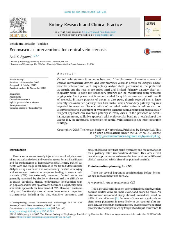 (PDF) Endovascular interventions for central vein stenosis