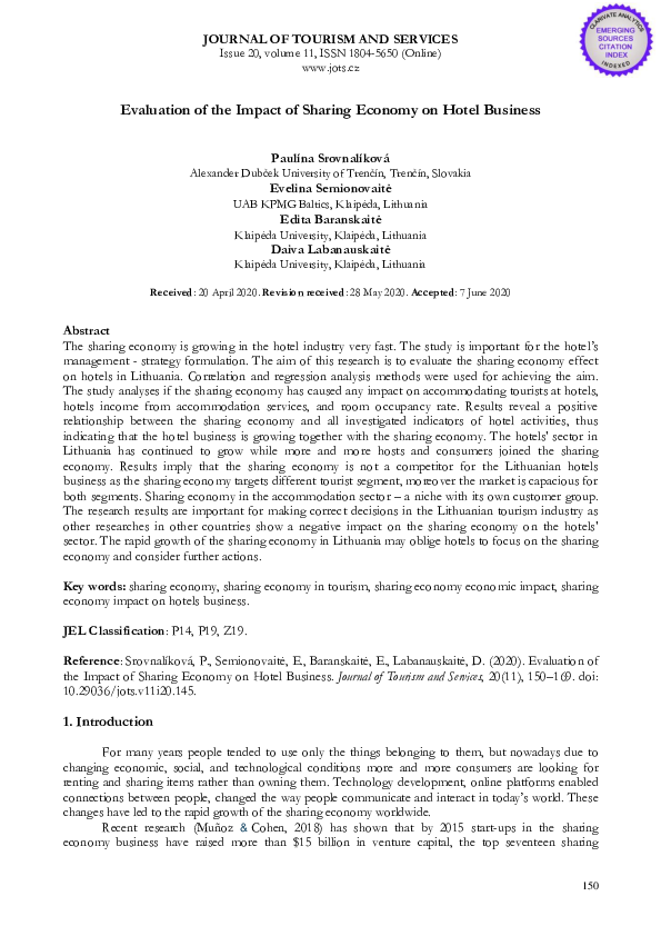 (PDF) Evaluation of the Impact of Sharing Economy on Hotel Business