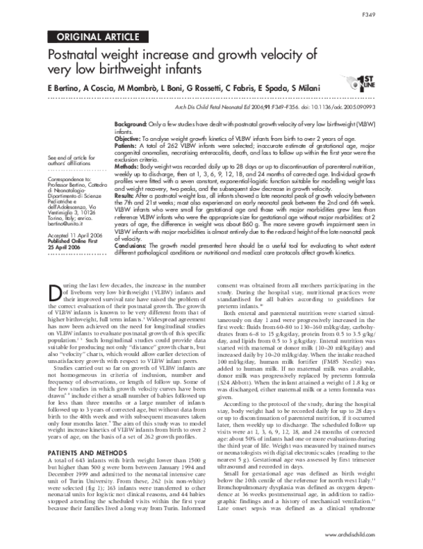 (PDF) Postnatal Weight Increase and Growth Velocity of Preterm Very Low ...