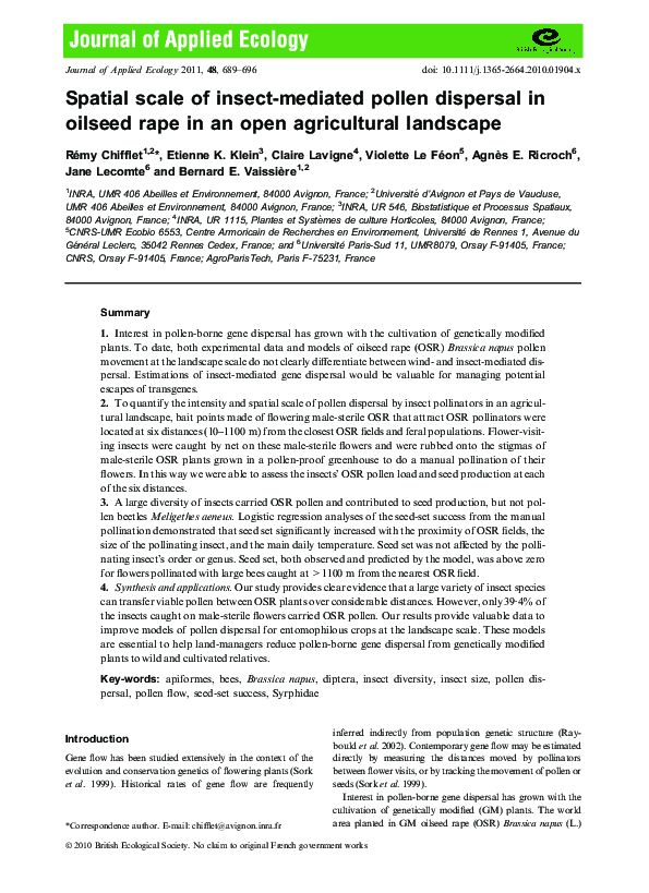 (PDF) Spatial scale of insect-mediated pollen dispersal in oilseed rape ...