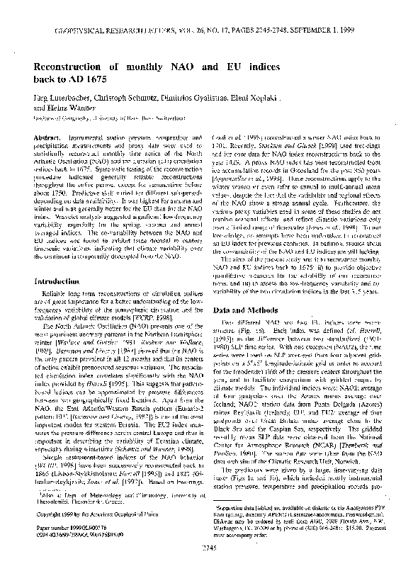 (PDF) Reconstruction of monthly NAO and EU indices back to AD 1675