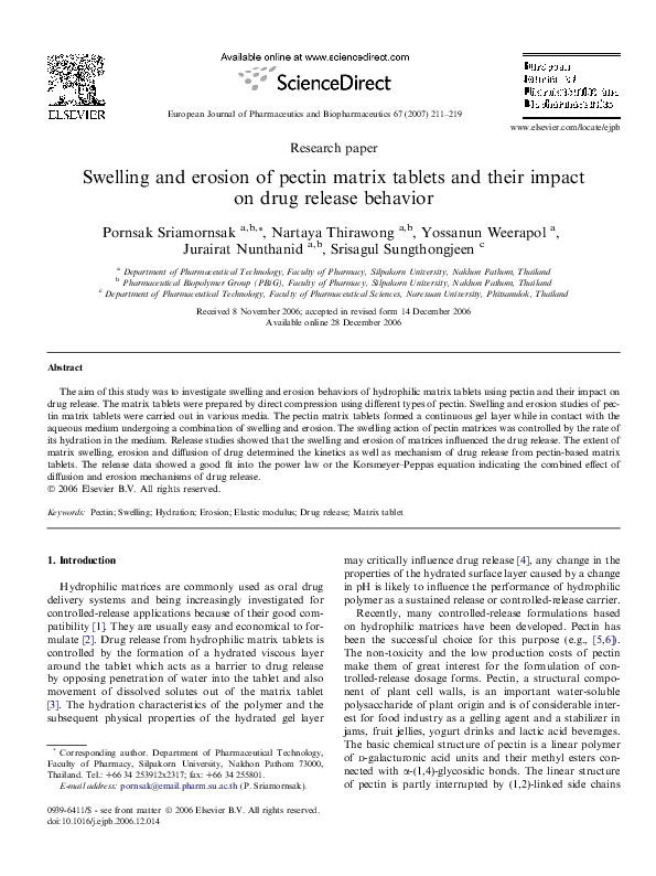 (PDF) Swelling and erosion of pectin matrix tablets and their impact on