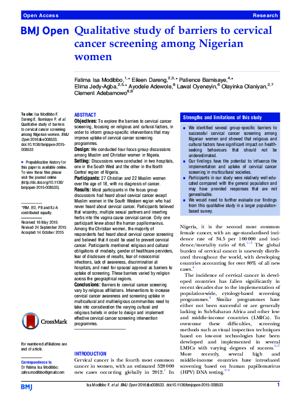 (PDF) Qualitative study of barriers to cervical cancer screening among ...