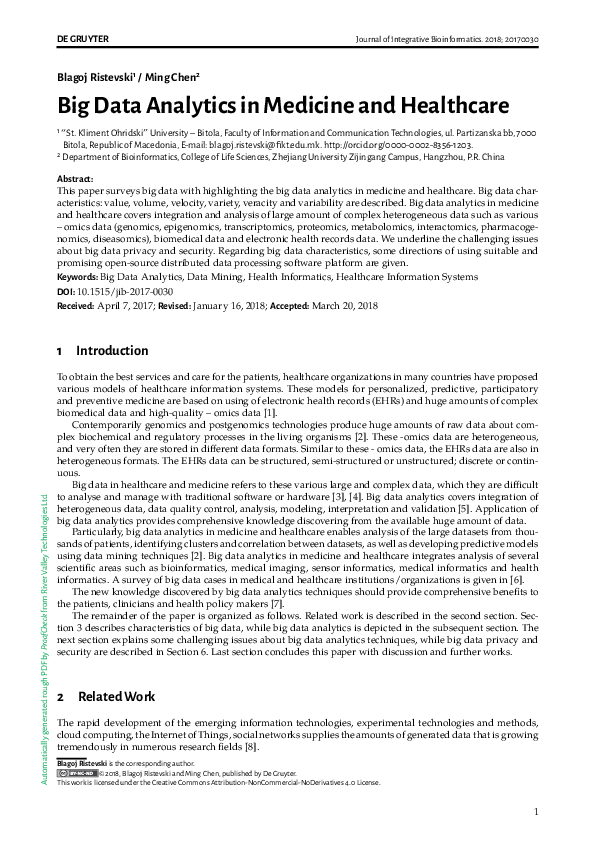 (PDF) Big Data Analytics in Medicine and Healthcare