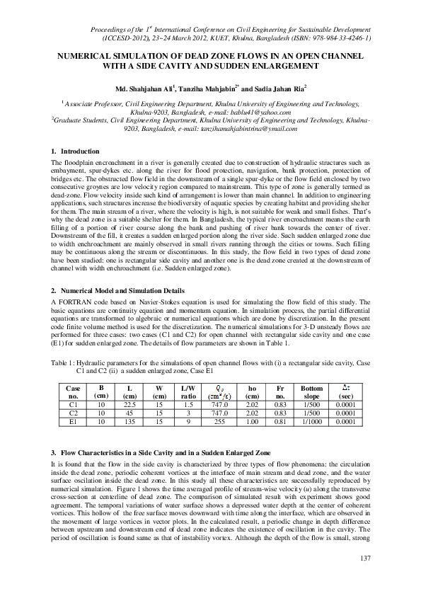 (PDF) Numerical Simulation of Dead Zone Flows in an Open Channel with a ...
