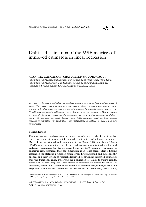 (PDF) Unbiased estimation of the MSE matrices of improved estimators in ...