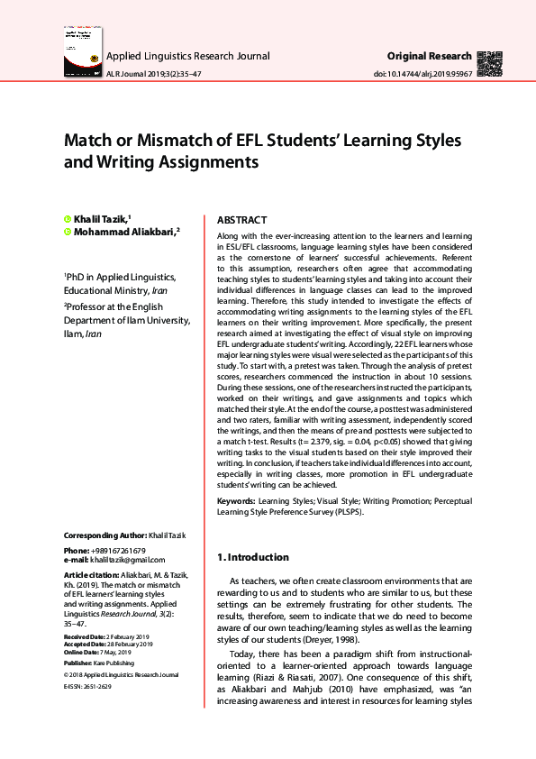 (PDF) Match or Mismatch of EFL Students' Learning Styles and Writing ...