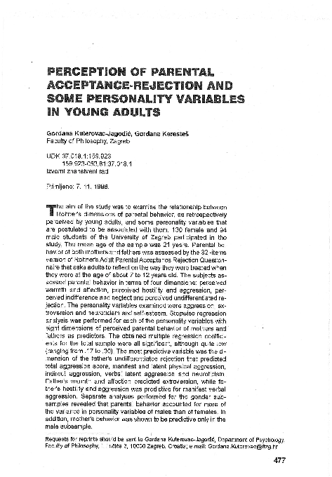 (PDF) Perception of parental acceptance rejection and some personality ...