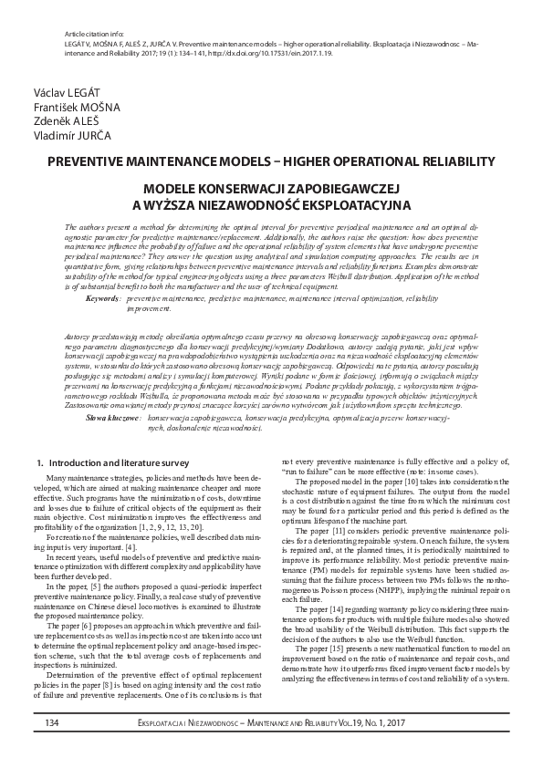 (PDF) Preventive maintenance models – higher operational reliability