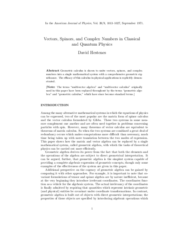 (PDF) Vectors, Spinors, and Complex Numbers in Classical and Quantum ...