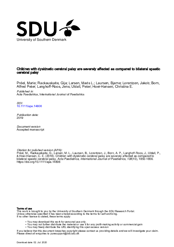  PDF Children With Dyskinetic Cerebral Palsy Are Severely Affected As 