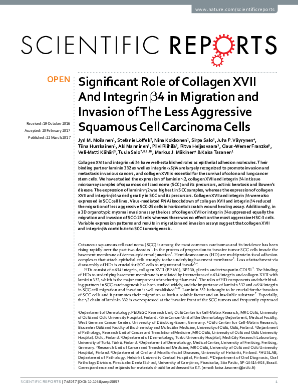 (PDF) Significant Role of Collagen XVII And Integrin β4 in Migration ...
