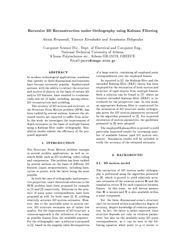 (PDF) Recursive 3D Reconstruction under Orthography using Kalman Filtering