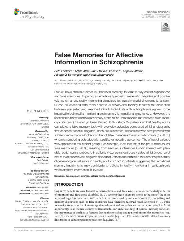 (PDF) False Memories for Affective Information in Schizophrenia