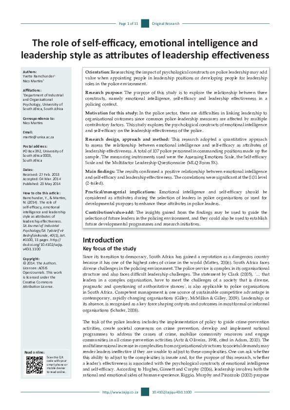 (PDF) The role of self-efficacy, emotional intelligence and leadership ...