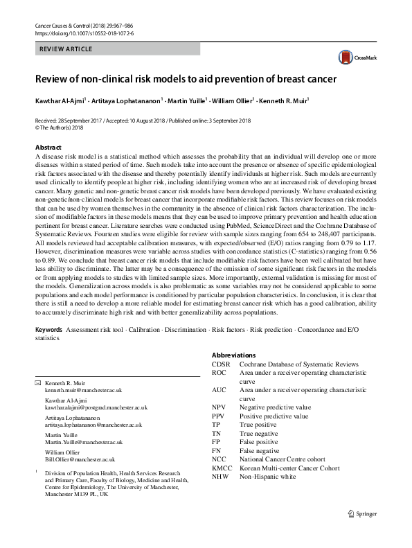 (PDF) Review of non-clinical risk models to aid prevention of breast cancer