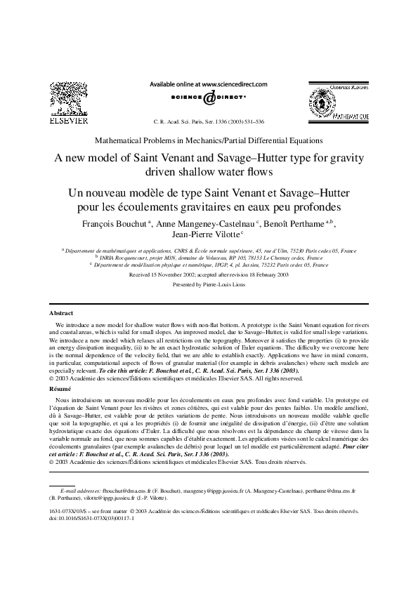 (PDF) A new model of Saint Venant and Savage–Hutter type for gravity ...