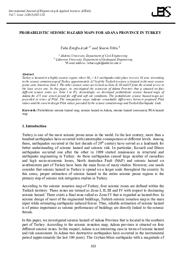 (PDF) Probabilistic Seismic Hazard Maps for Adana Province in Turkey