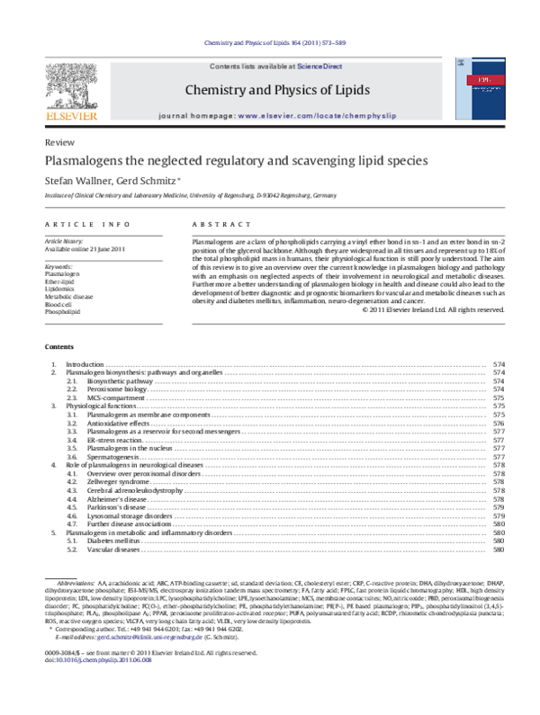 (PDF) Plasmalogens the neglected regulatory and scavenging lipid species