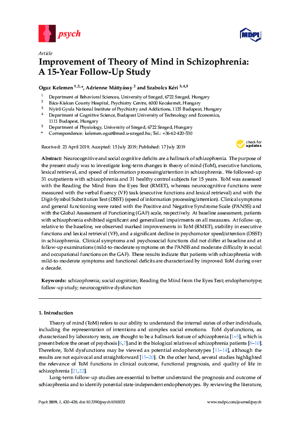 (PDF) Improvement of Theory of Mind in Schizophrenia: A 15-Year Follow ...