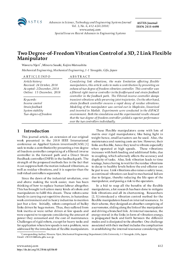 (PDF) Two Degree-of-Freedom Vibration Control of a 3D, 2 Link Flexible ...