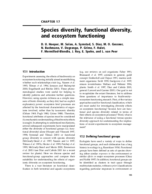 (PDF) Species diversity, functional diversity and ecosystem functioning