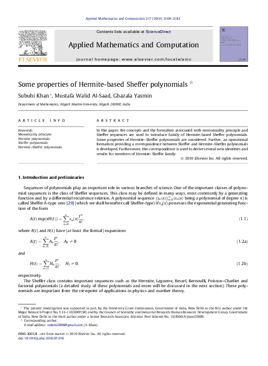 (PDF) Some properties of Hermite-based Sheffer polynomials