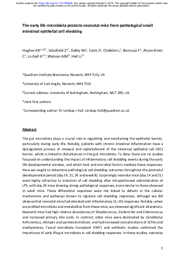 (PDF) The early life microbiota protects neonatal mice from ...