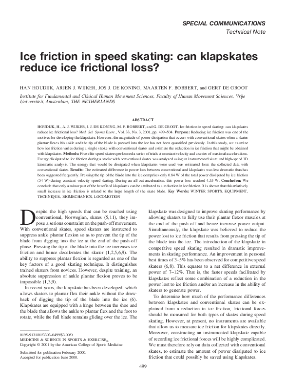 (PDF) Ice friction in speed skating can klapskates reduce ice frictional loss? Jos De Koning